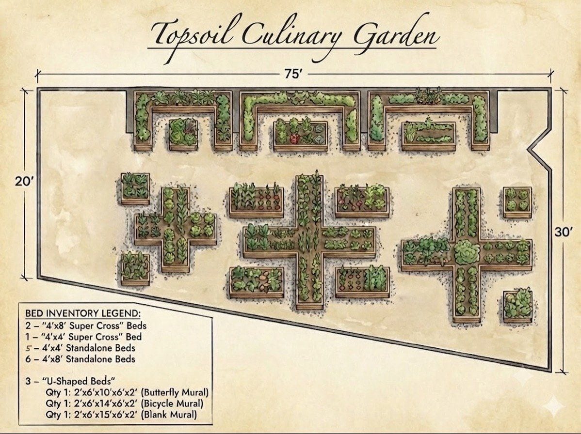Watercolor plan of the Topsoil Culinary Garden
