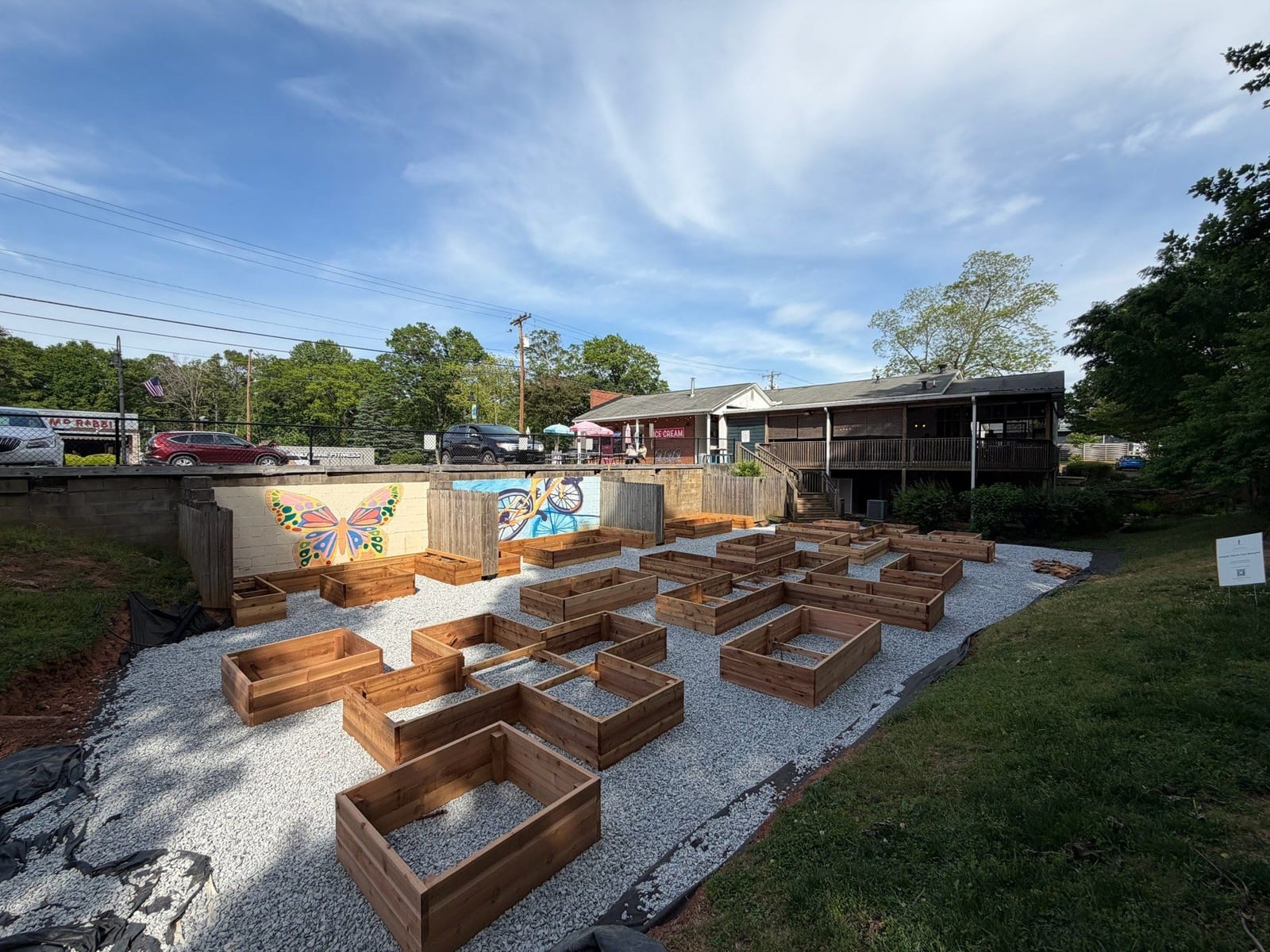 Build day, empty bed frames, murals and Main Street behind