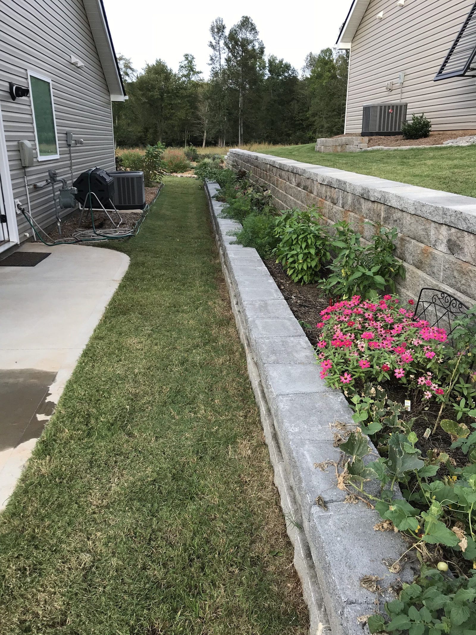 Retaining-wall bed of zinnias and peppers against stacked stone