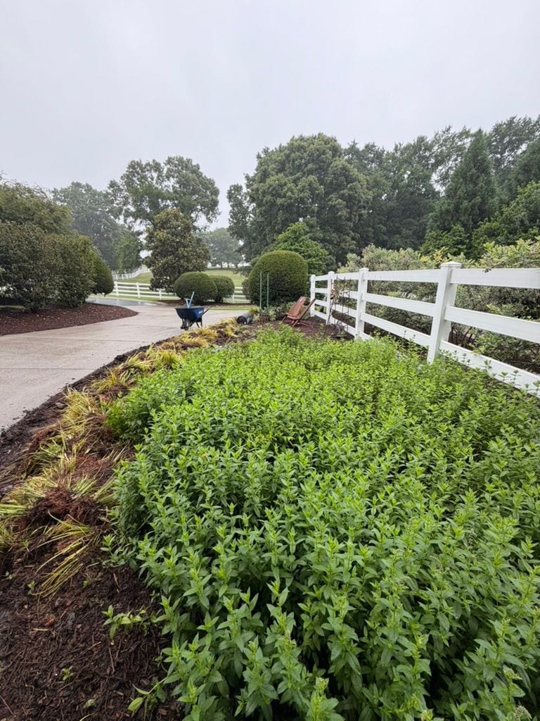 Gravel spread over the ground cloth inside the fence line